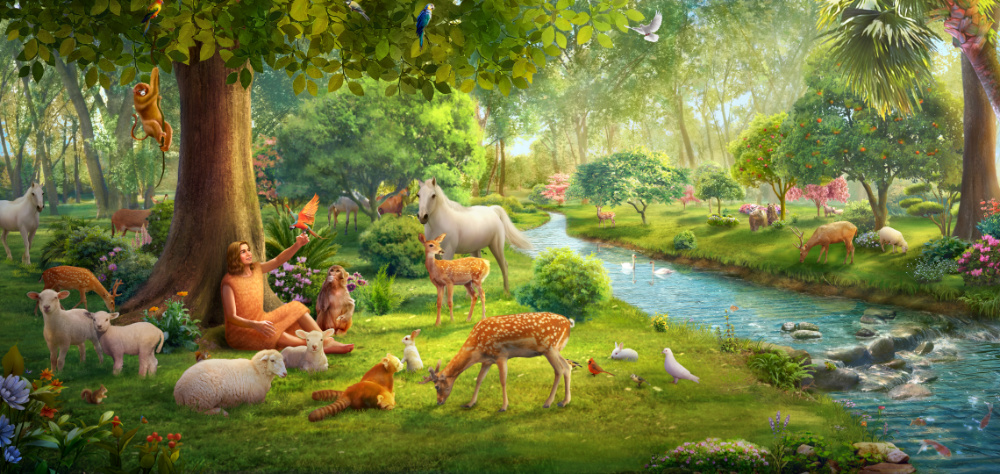 No sexto dia, o Criador fala e cada espécie de criatura vivente em sua mente faz sua aparição, uma após a outra